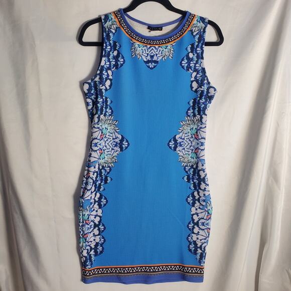 Venus Blue Sleeveless Dress Size L Tribal Print Stretch Bodycon 35" Length - Picture 1 of 9